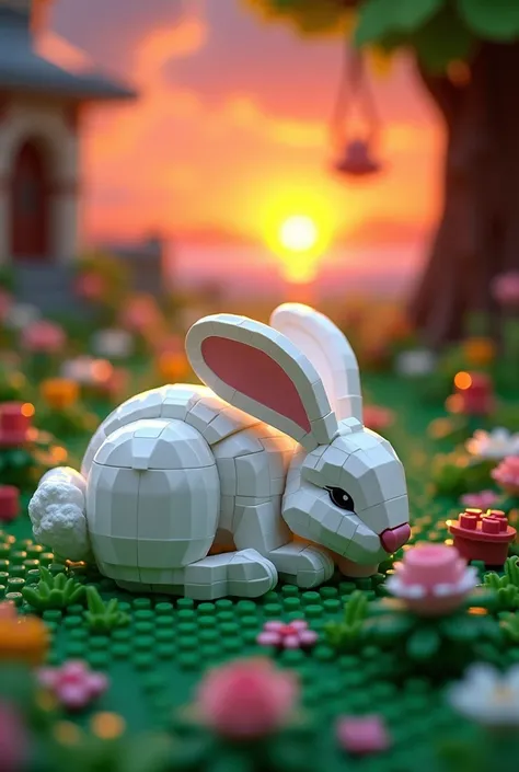 The white rabbit made with LEGO is sleeping。The surrounding scenery、 made with LEGO 。The sun is setting and grass and small flowers are scattered 。In the sky、 The beautiful colors of the sunset are spreading。