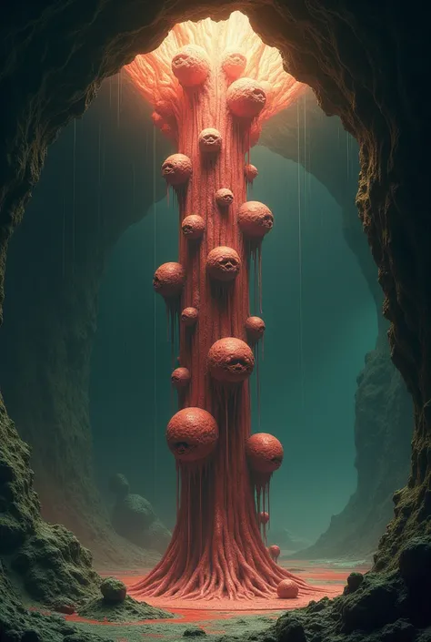 a pillar-shaped monster, cylinder))) Cthulhu Mythos Specialized in surrealism, Futuristic , flesh, abstracted, Dark, Red, the flesh pillar is in an underground cave, the top of the monster is clinging to the ceiling. On the pillar of flesh there are tumoro...