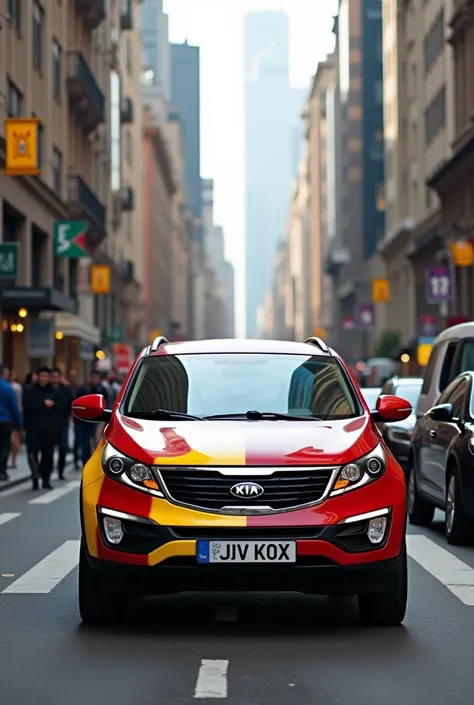 Kia Sportage 2012, the color of the Barcelona flag, is roaming the streets 