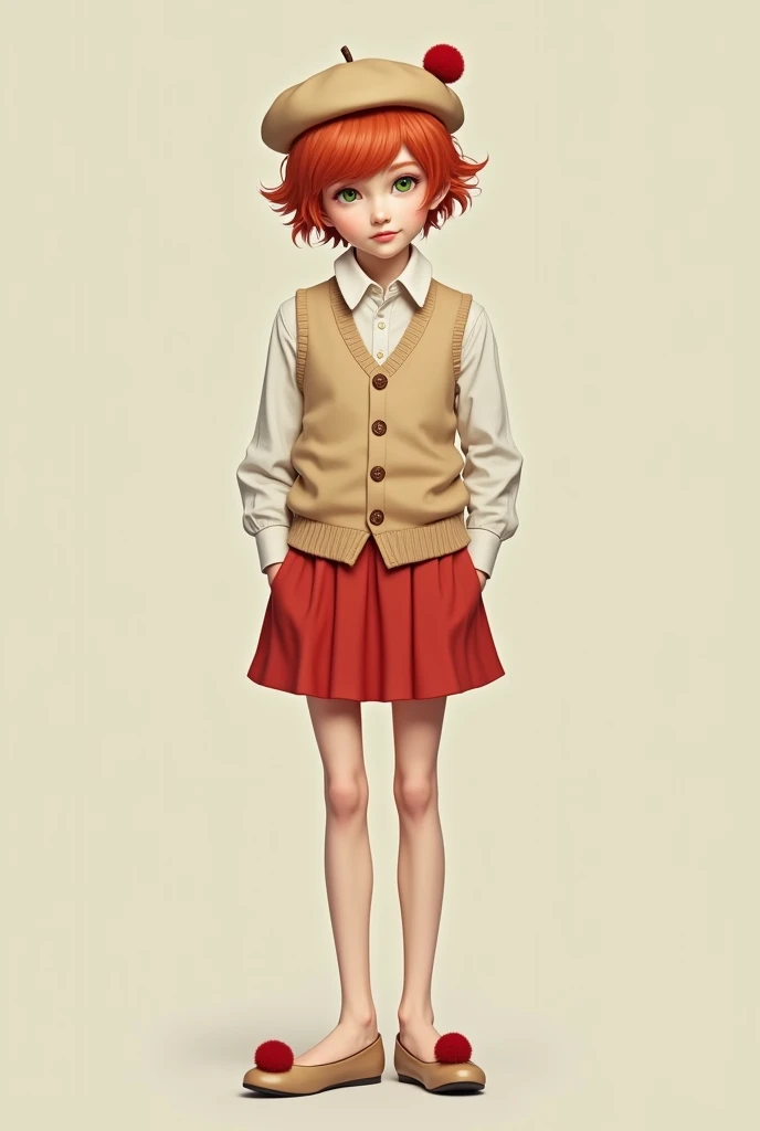  A boy of medium height and feminine build with short red hair and green eyes, wearing a beige beret with a red pompom ,  in a beige knitted sleeveless vest , in a white shirt, in a short red skirt,  in beige ballet flats with a red pompom on bare toes wit...