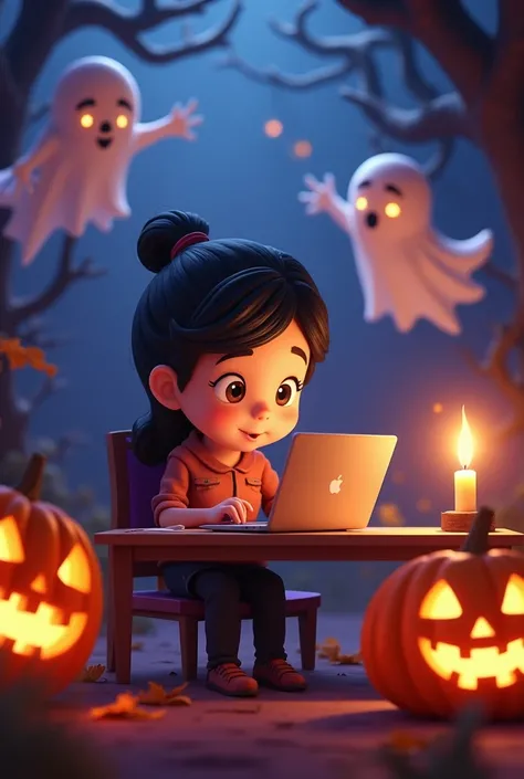 An animated cartoon character works diligently at a desk on Halloween night, surrounded by pumpkins and playful ghosts. The character is typing on a laptop, with flickering candlelight illuminating the scene. Ghosts sway gently in the background, creating ...