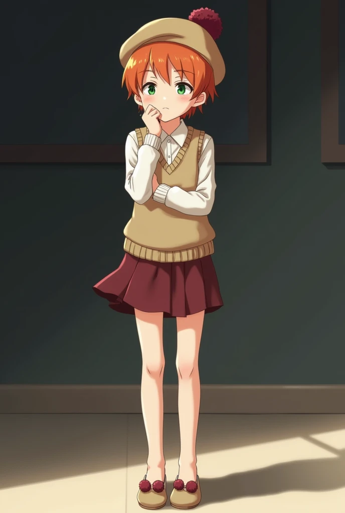  A boy of medium height and feminine build with short orange hair and green eyes,  in a beige beret with a dark red pompom ,  in a beige knitted sleeveless vest , in a white shirt, in a short dark red skirt , in beige flats without a strap with a dark red ...