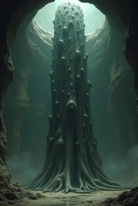 a pillar-shaped monster, wide cylinder))) Cthulhu Mythos Specialized in surrealism, Futuristic , flesh, skin, abstracted, Dark, flesh color, the flesh pillar is in an underground cave, the top of the monster is spread across clinging to the ceiling. The to...