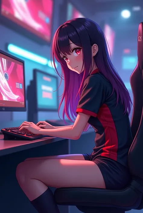 1girl, Long Hair, Breasts, Redish blue Eyes,mixe of black red purple Hair, Smile, Half smile, Tsundere, 1girl, Anime, Backlighting, Jewelry, From Side, girl farting, big facing the screen, Huge  not comically sized, farts everywhere((velocity)),Attacked by...