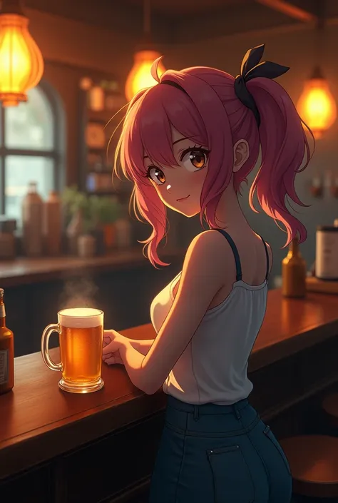 A 20-year-old anime girl is standing at the bar in a bar with a mug of Beer next to her