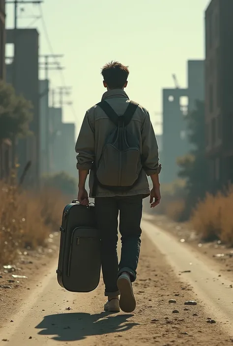 .create an image of a young man, carrying his guitar in the case, survivor of a great catastrophe, traveling along a desolate post-apocalyptic road, being framed by the camera from the back angle, the man is walking backwards.