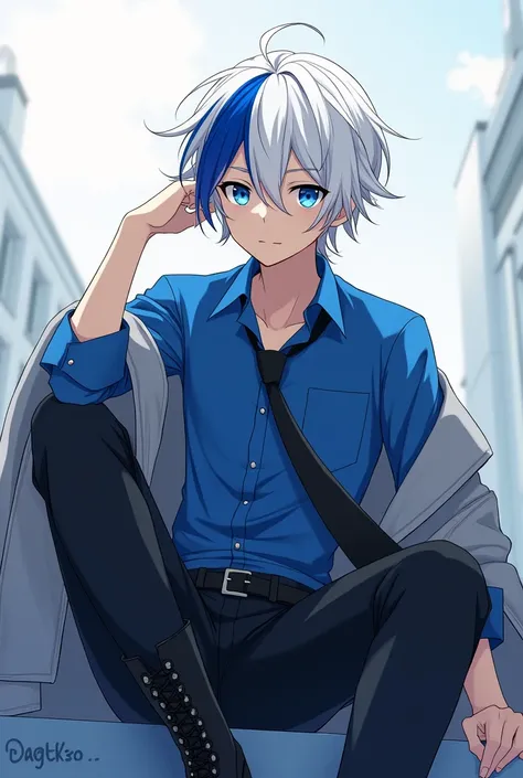 He&#39;s an anime boy, white and somewhat disheveled hair with a blue lock, high, He is wearing a blue shirt,  black pants , some black boots, a jacket over the shoulder and a tie, Her eyes are beautiful and blue.