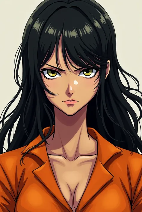 Boa hancock, one piece art style, serious expression, orange prison jumpsuit, clavage