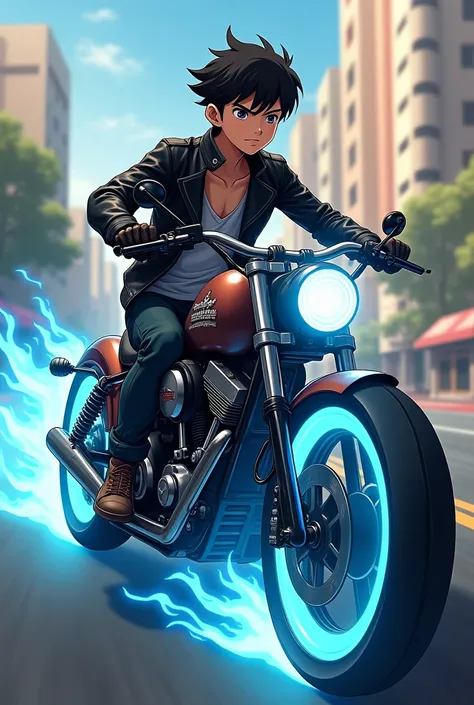 Teenage boy wearing black leather jacket riding an anime-style Harley-Davidson easy rider with blue burning tires 