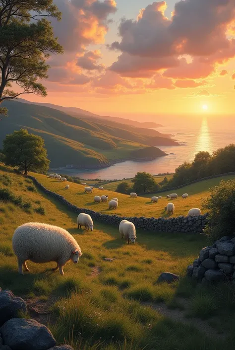 Traditional english countryside. lake views and traditional stone walls
Sunset in a blue sky over the rolling hills
Sheep in the feilds
Glimpse of the sea in the background