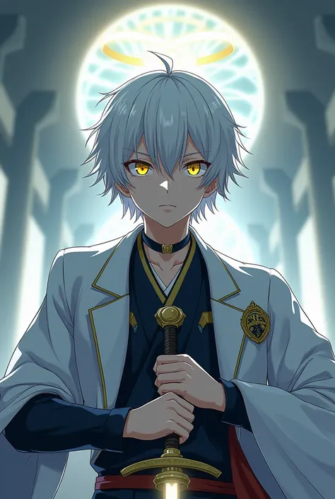 garoto anime young with white hair up to the neck, halo and yellow eyes, sword light, seriously expression and japan colegial uniform masculine