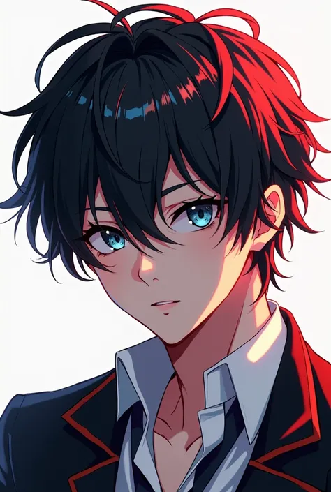  A certain strand of his hair dyed red in short hair ,  hair black ,  eyes light blue color ,  in the new super graphic anime style,  ,  a handsome man . Less of it is red..