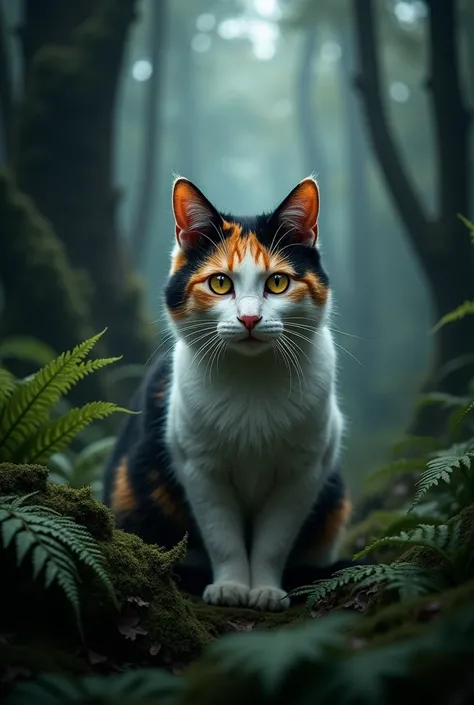 Calico cat with yellow eyes ,  with a very realistic dark forest in the background