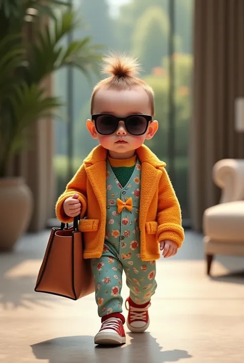 Baby stylish colors outfits stylish glasses stylish bag walking 