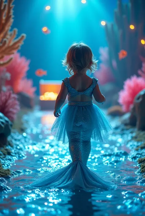 Capture a magical scene of a baby dressed in an elaborately designed mermaid costume, complete with shimmering scales and a flowing tail, walking on a runway illuminated by projected water effects that ripple and glisten under soft blue lighting. Surround ...