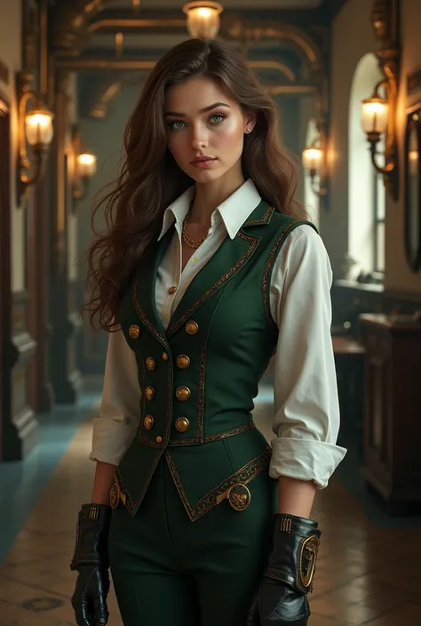  Create a super realistic image of a brown-haired European-looking woman, emerald green eyes,  full lips , with stempunk style school uniform . She is in the school hallway