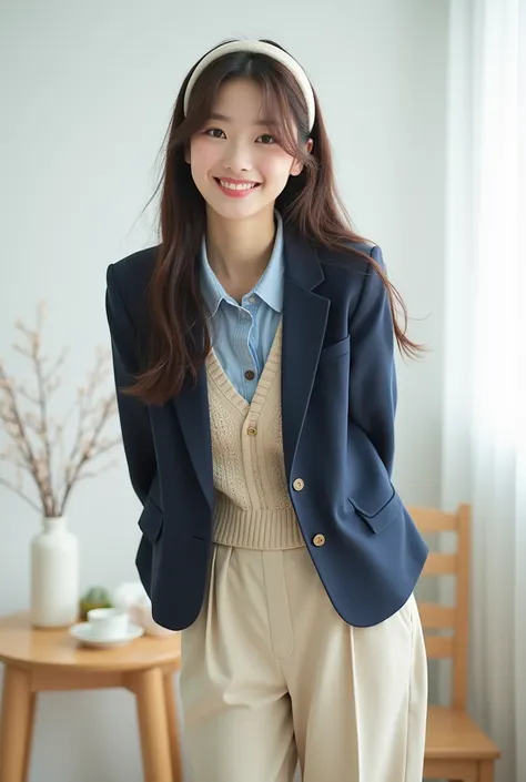 A stylish young Korean model bending slightly forward in a friendly pose, set indoors against a plain white background. She is wearing a chic outfit consisting of a navy blue cropped blazer, a light beige sweater vest with subtle knit patterns, and a light...