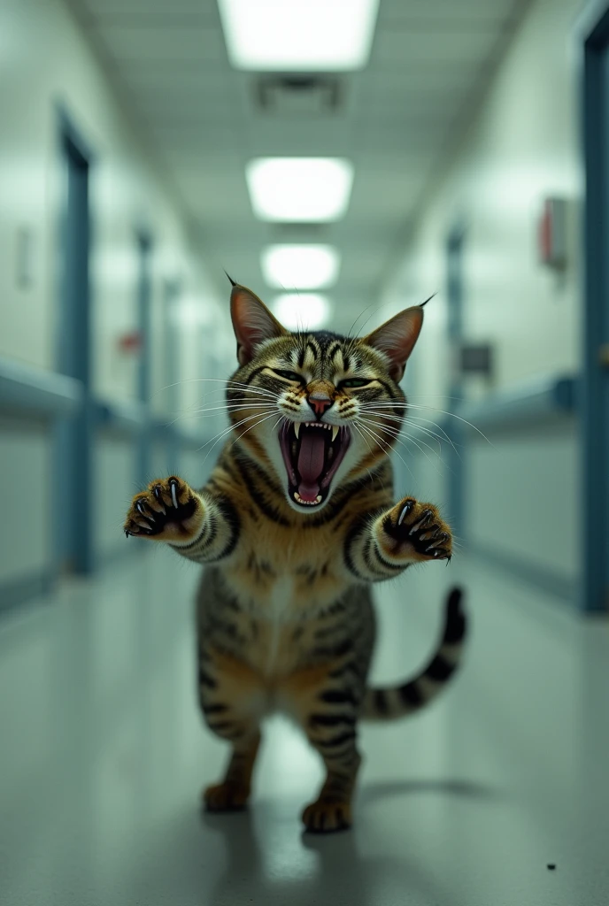 A cat in a mental hospital holds on to people and yells for the emperor 