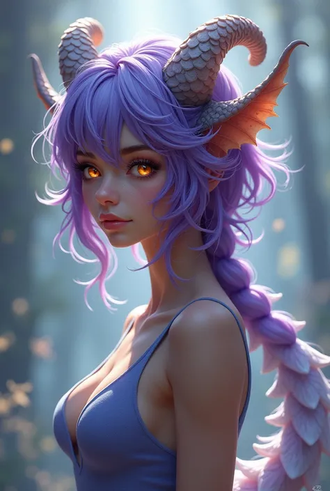 girl, purple hair,  brown skin,  golden eyes , a white dragons tail and four horns