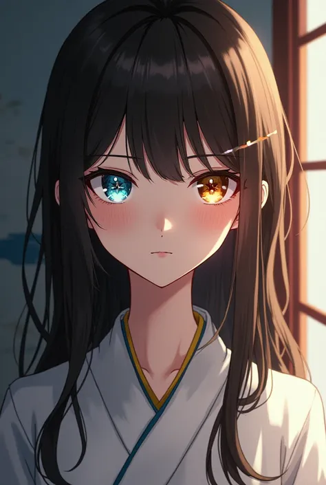  A beautiful girl with a blue right eye and an amber color with a star symbol,  with long brown hair white skin a serious but calm look , perfect nose a Japanese dress with a good body ,More serious and that anime can be seen in full body,  smiling 