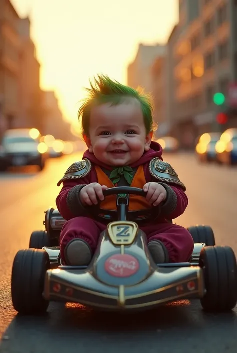 A photorealistic image of an adorable baby dressed in a highly detailed, realistic armor of 
joker, sitting in a kart designed to match the character’s style. The kart incorporates 
elements of the character’s armor or emblem, with realistic textures and m...