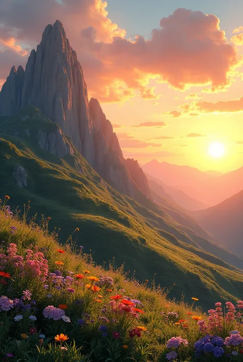 a mountain with vegetation and flowers which watch the sunset