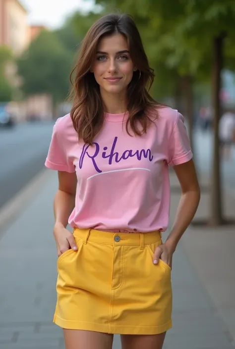 23 years old Italian girl, Brown hair, gray eyes, full body, Shot from a distance, mini sexy yellow skirt, patterned pink T-shirt Embroidered with purple lines written with the letters " Riham",دقة عالية, ابتسم, شعر قصير, أفضل جودة, عمل رائع, رسم بـ8K ثمان...