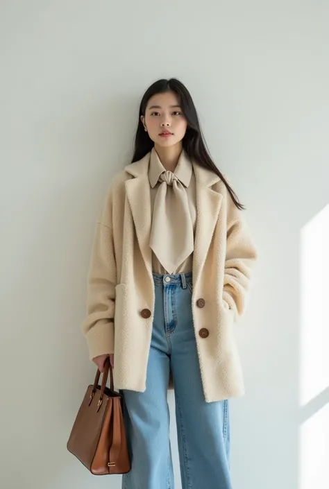 A stylish young Korean  fashionable woman standing indoors against a plain white background, wearing a beige, fluffy cardigan with large buttons, a light-colored blouse underneath, and a silk scarf tied around her neck. She is also wearing light blue high-...