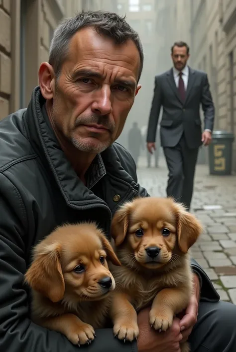 Portrait of a real man, short, middle-aged hair, sitting in a sad face with two small puppies, long brown hair, in the background is a rich man walking a lot.