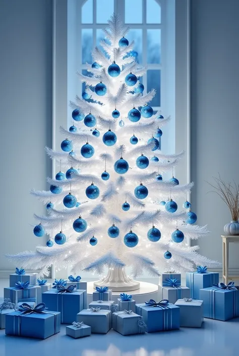 210cm white Christmas tree with blue balls and bows, white lights and gifts around the tree  