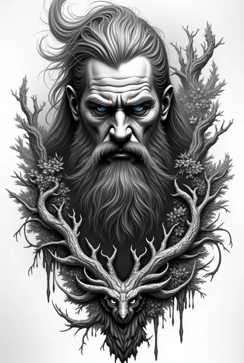  Design for a BLACK AND WHITE TATTOO. Norse mythology, forest and elements of Mythology .
