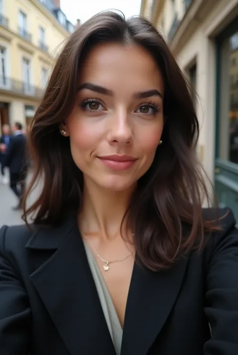 jeune femme , yeux foncé , corp entier , habiller old money , photo type selfie , réaliste , Ultra HD avec en fond la rue , avec quelques imperfections de peau
brunes , francaise, avec leger sourire