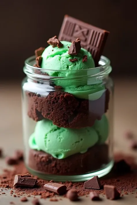 Very gourmet chocolate cake  (wet dough )  with mint ice cream in a transparent jar (plastic) with chocolate pieces