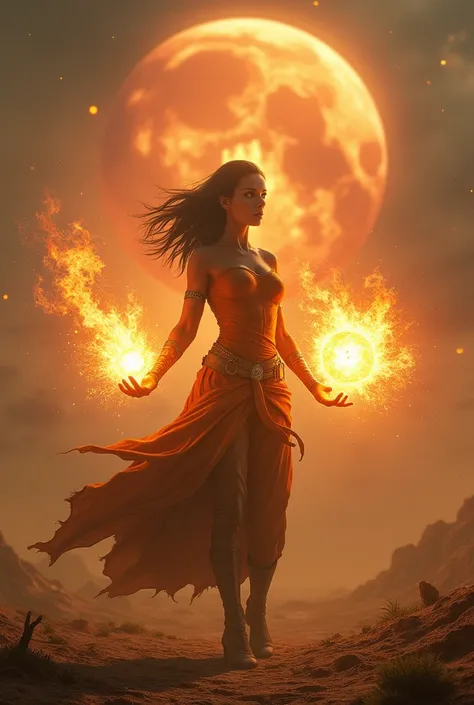 woman, with fireball in hand , on a desert planet, apocalyptic,  with a planet exploding in the sky 