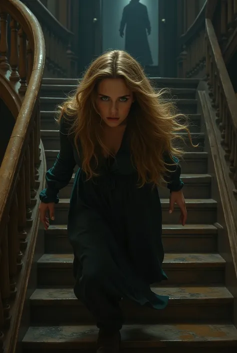 Create a woman with long wavy hair ,  climbing the stairs with intrigue because I hear a noise