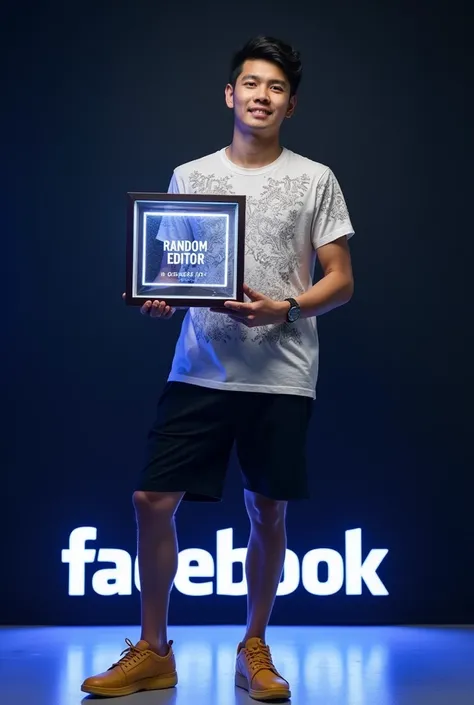 A handsome Indonesian guy right handed holding a light-emitting trophy charter and inside the charter issued a small logo image with the inscription RANDOM EDITOR from within the charter printed very clearly with his face facing the camera standing wearing...