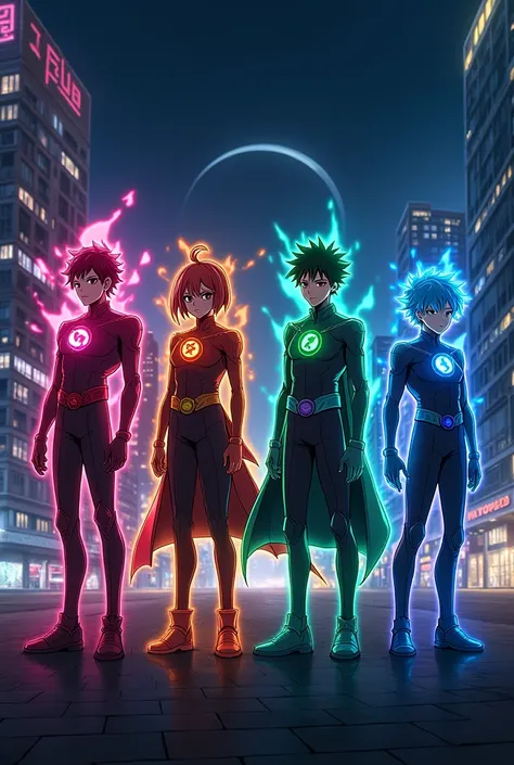 ** Anime title :** Eyes of Fate 

**Image:**  four hero options  ( Yuma, Rain, Haro, Lester )  They stand side by side in dynamic poses, and use the powers of their eyes to channel the glowing energy in their distinctive colors.  Behind them is a city illu...