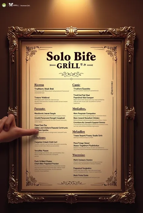  Make me an image on the menu of a restaurant with a classic and elegant frame with the name of the restaurant SOLO BIFE GRILL and containing this menu 
Traditional Steak (1)  50bs
Pacumuto  (2)  70bs
Medallion  (1)  70bs
Mince  (2) 70 
Chopped  (4)  120
C...