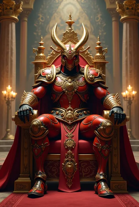 A muscular Red King ant wearing kings armor and kings helmet sitting on a throne in a palace 