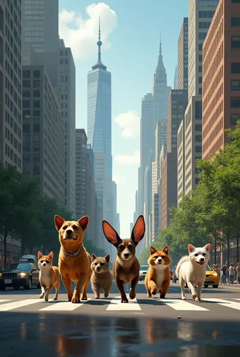 The group of animals stepping onto a busy city street, surrounded by towering buildings, rushing cars, and people staring at them in shock and curiosity.