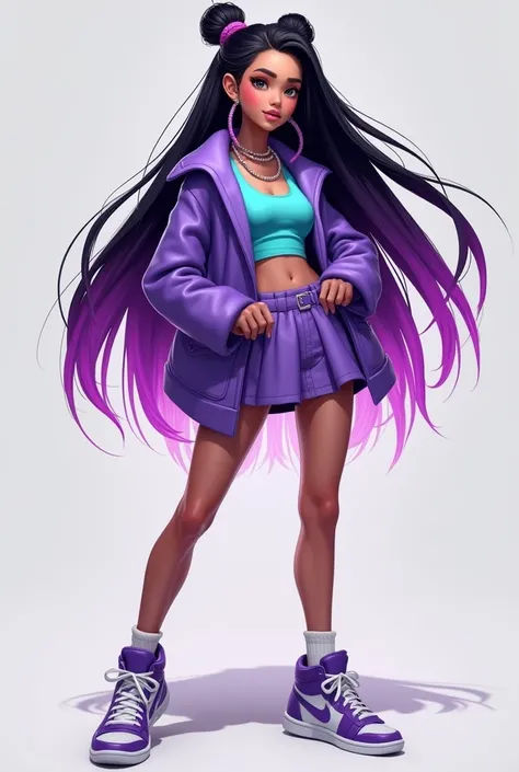 Teenager 
Black hair with long purple highlights going up to the waist 
Cyan croopet with an open purple jacket showing the croopet 
Purple mini skirt 
Purple sneakers with white details 