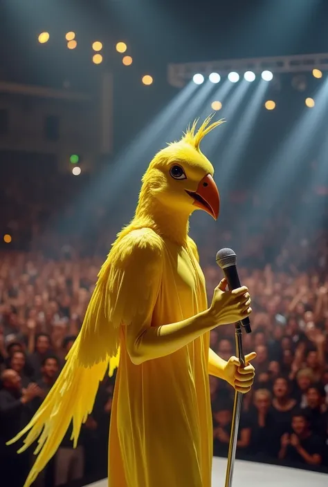 Create a singer with humans body and face of a canary, performing in concert in Dubai, in a large audience, and holding a mic, singing a song, more adorable and amazing,looks like totally realistic. Looks like a professional singer. Looks serious and singi...