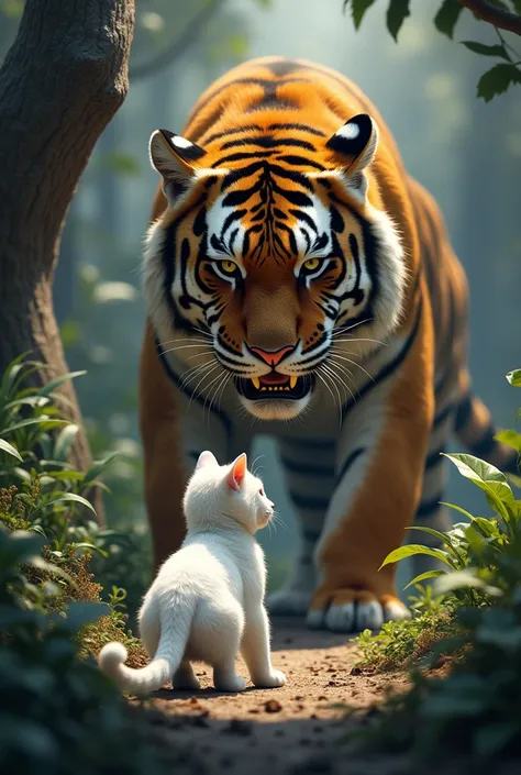 Make me a picture of a white cat who is about to fight with a tiger 