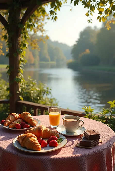  breakfast in a gazebo on the banks of a wide river - delicious croissants with a crispy crust,  strawberries and chocolate , cinnamon coffee ,  knitted tablecloth 