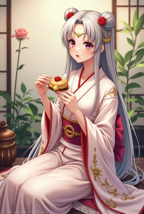 Sailor Moon with long hair in buns, wearing a kimono, sitting and eating banh chung