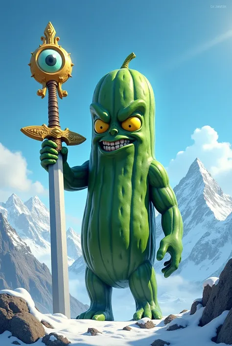  Cucumber as a god of war with an evil eye in his hand a sword and a blue S with a golden border text GGd. Background snow-covered mountains and blue sky . 3d animated 