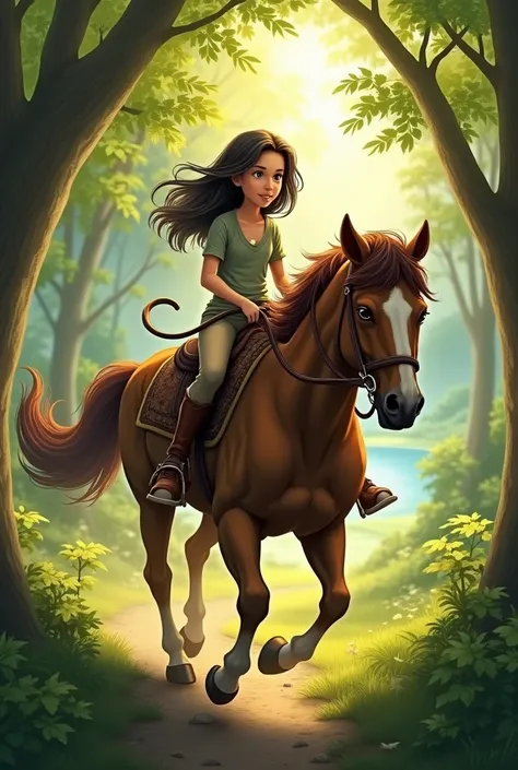 A brunette girl riding a horse in forest. Te sun is lightning at leaves and behind horse is a lake