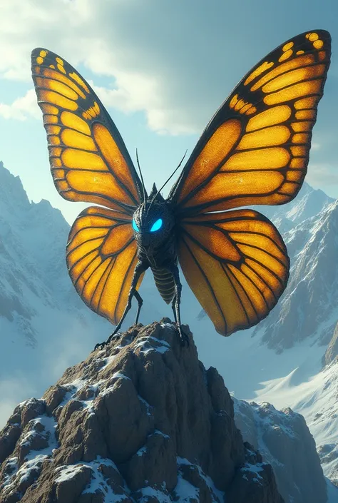 
Generate a hyper realistic image of a monster butterfly with 8 golden wings and blue eyes on top of a mountain.