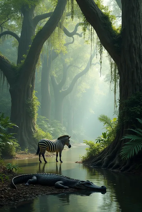 Heres a detailed prompt for generating a realistic image of a zebra and an alligator in an old forest:

"A realistic scene set in an ancient, misty forest with towering trees covered in moss and vines. The sunlight filters through the thick canopy, casting...