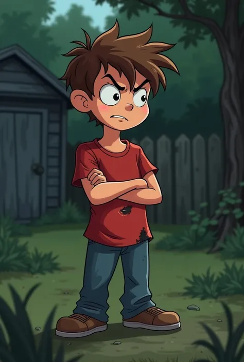 Cartoon-style image of a 16-year-old boy with messy brown hair, wearing a torn red t-shirt and jeans, standing with a defiant expression. His arms are crossed, and he’s glaring at his father, with exaggerated facial features showing his frustration. The ba...